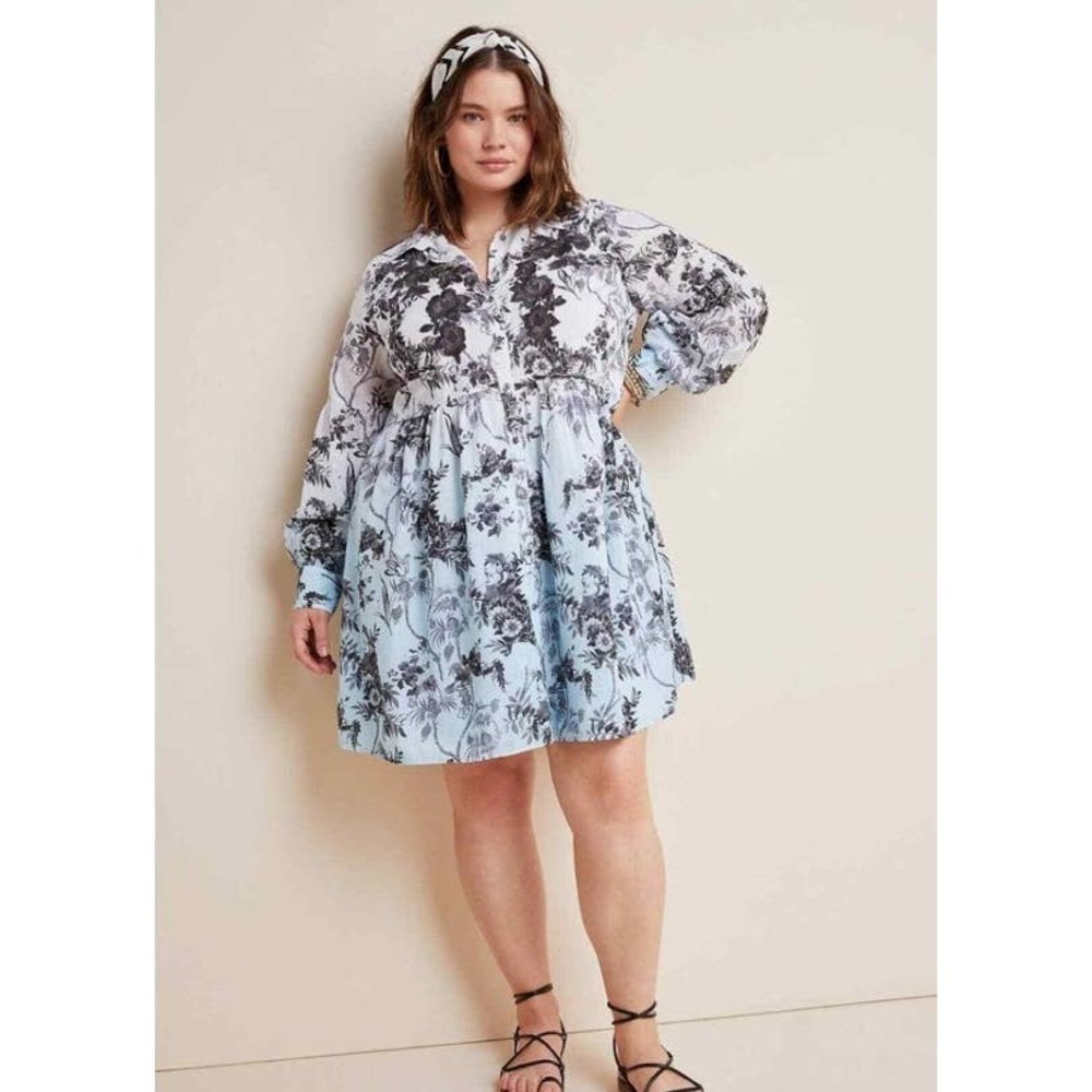 Anthropologie Lavinia White Blue Floral Embroidered Long Sleeve Shirtdress NWT
